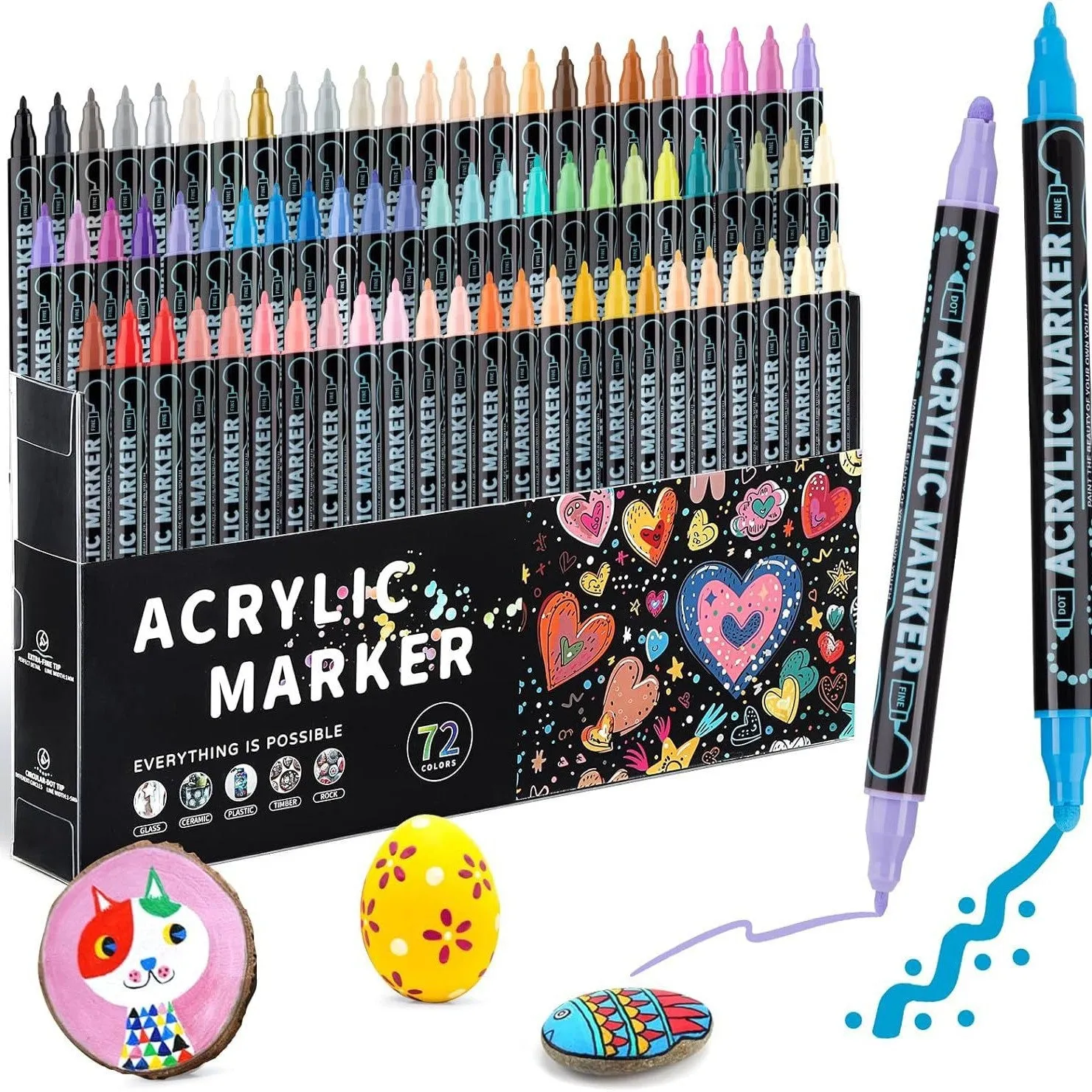 Set of household stackable dual-tip acrylic markers in multiple colours with caps on