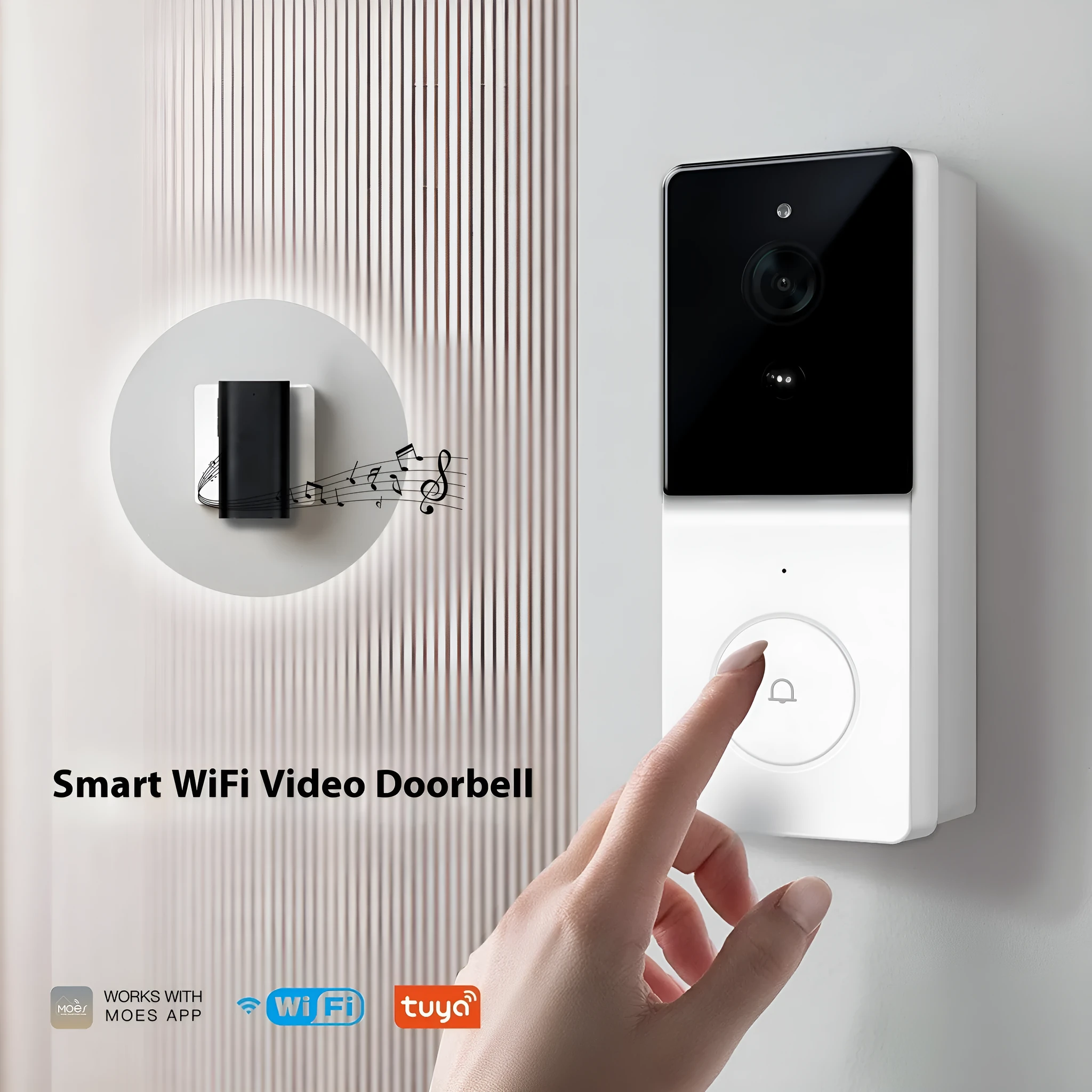 Smart home WiFi video doorbell camera with two-way audio intercom and rechargeable lithium battery on a white background