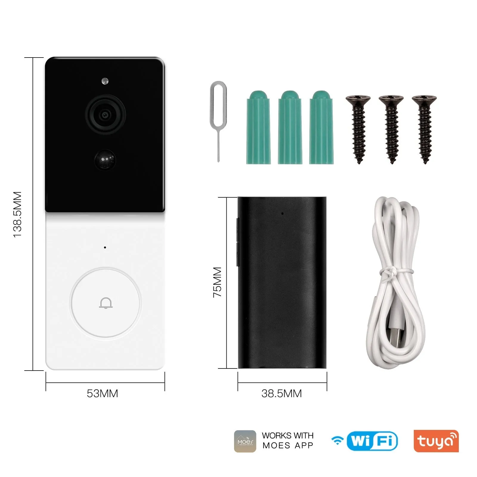 Smart home WiFi video doorbell camera with two-way audio intercom and rechargeable lithium battery on a white background