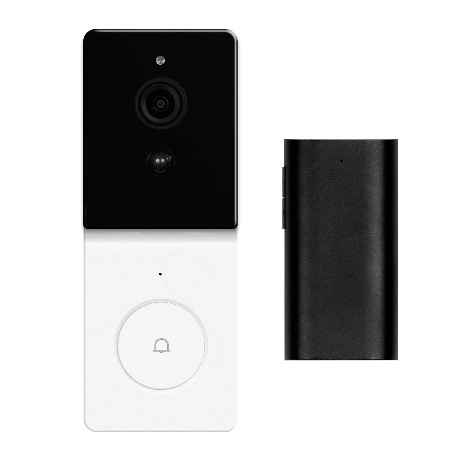 Smart home WiFi video doorbell camera with two-way audio intercom and rechargeable lithium battery on a white background