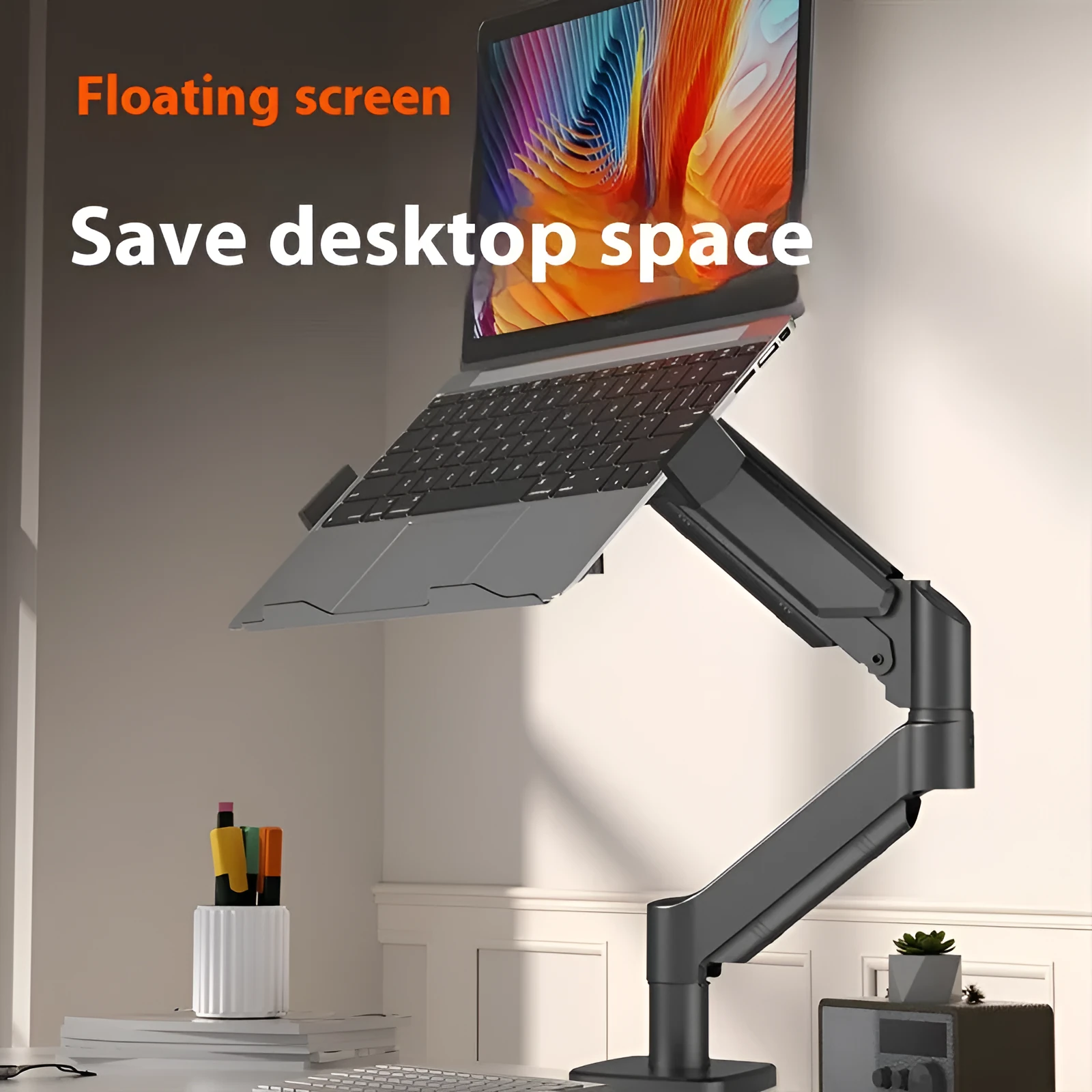 Aluminium alloy suspended cooling laptop bracket with height adjusting mechanical arm on desk