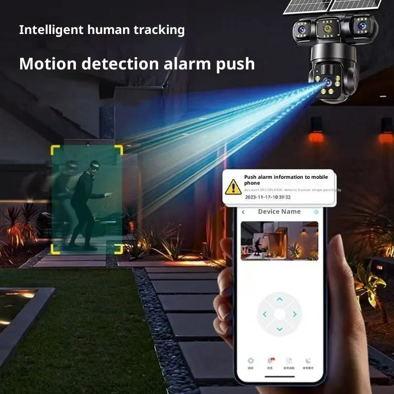 Solar surveillance camera with full colour night vision, ABS housing, 355-degree rotation