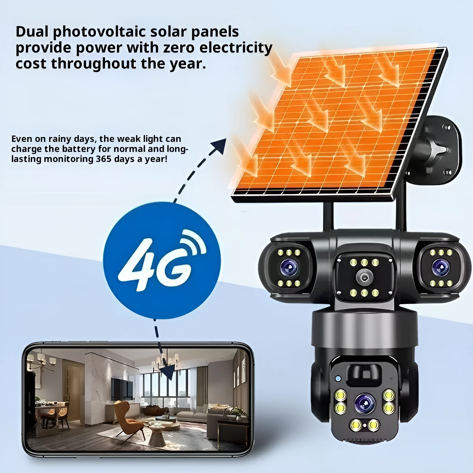 Solar surveillance camera with full colour night vision, ABS housing, 355-degree rotation