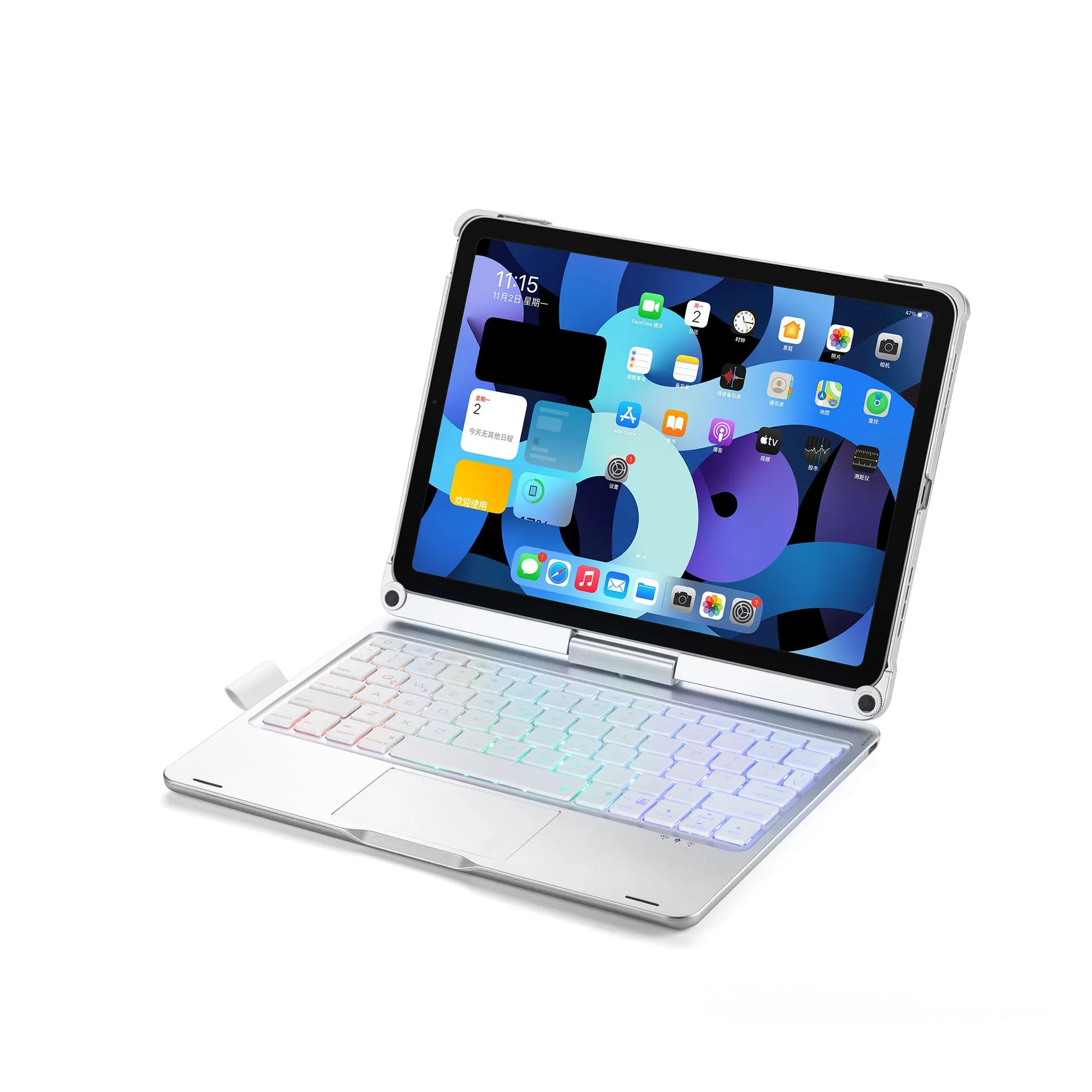 Rotating Bluetooth keyboard with touch backlight in black, silver, or rose gold for iPad tablets