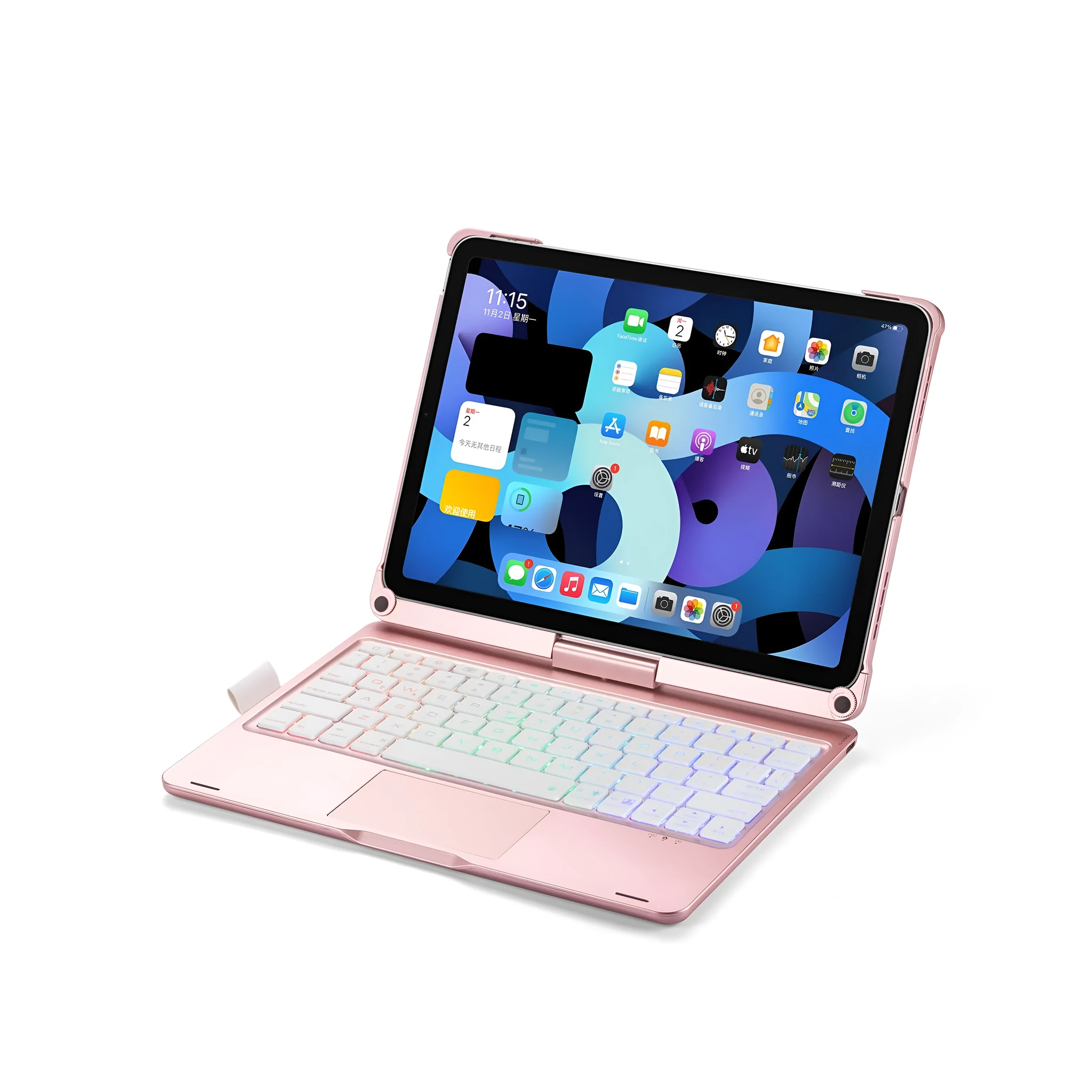 Rotating Bluetooth keyboard with touch backlight in black, silver, or rose gold for iPad tablets