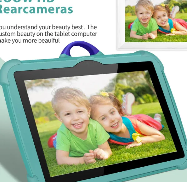 Kids 7 inch tablet PC in sky blue with drop-resistant explosion-proof design showing IPS screen