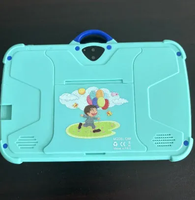 Kids 7 inch tablet PC in sky blue with drop-resistant explosion-proof design showing IPS screen