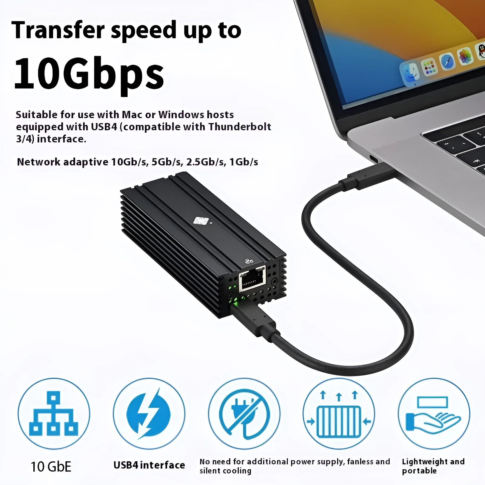 Black USB4 to 10 Gigabit RJ45 Ethernet network adapter with a 20cm cable