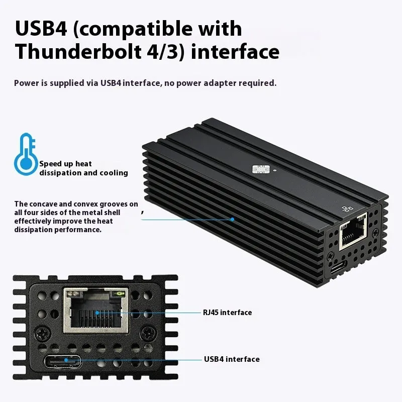 Black USB4 to 10 Gigabit RJ45 Ethernet network adapter with a 20cm cable