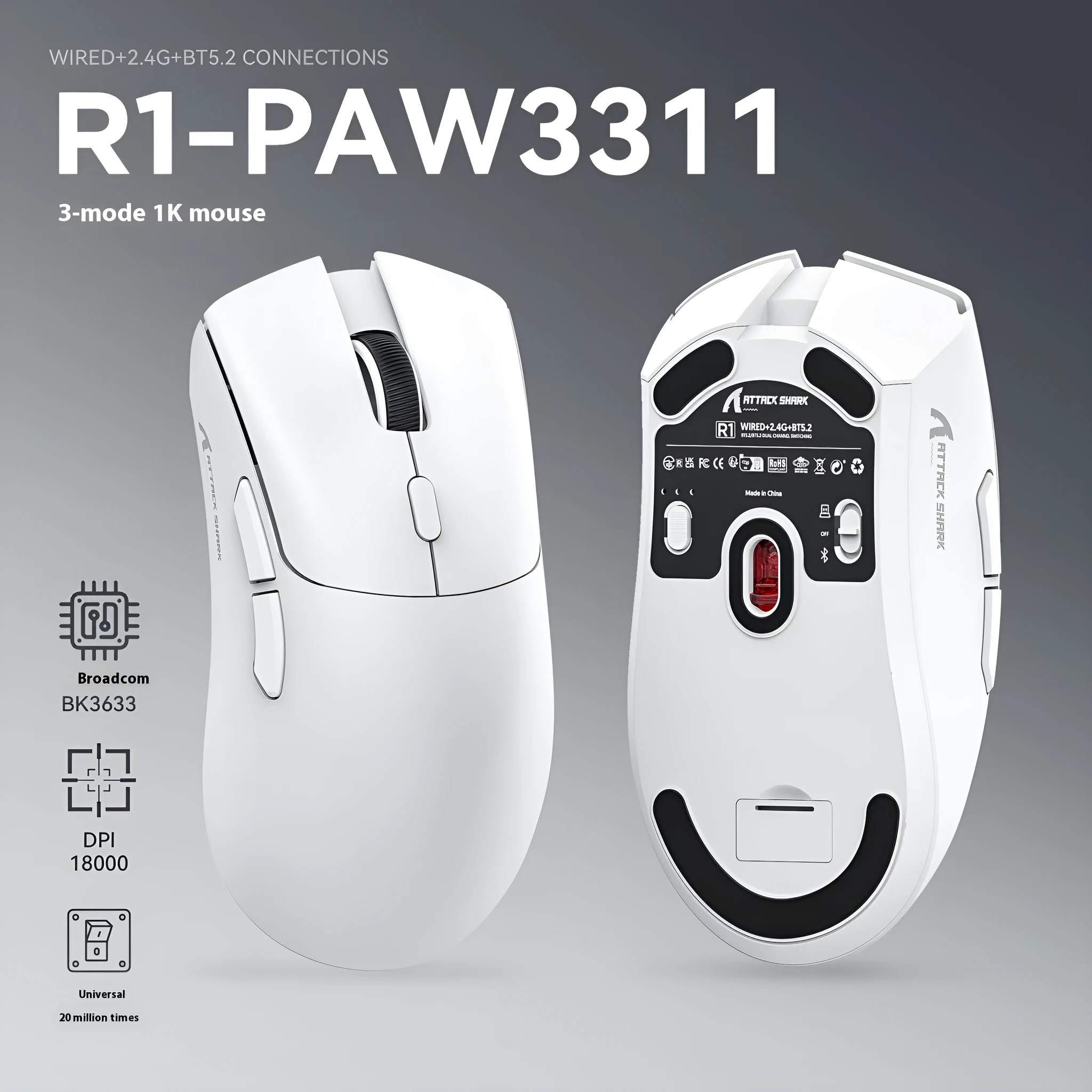 Attack Shark three-mode wireless Bluetooth mouse in black, white, or red colours