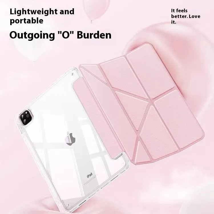 Clear acrylic iPad case with magnetic stand shown in light purple colour on a tablet.