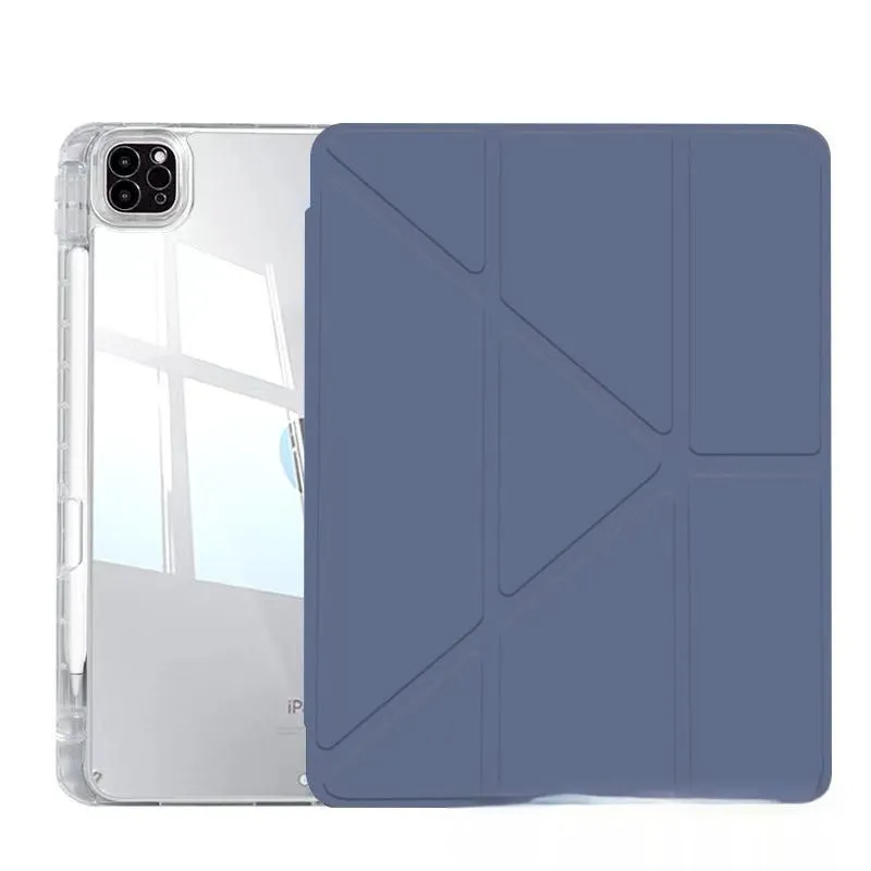 Clear acrylic iPad case with magnetic stand shown in light purple colour on a tablet.
