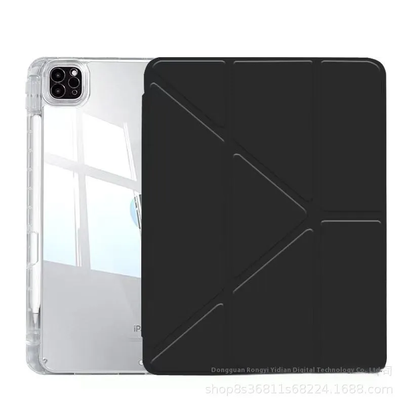 Clear acrylic iPad case with magnetic stand shown in light purple colour on a tablet.