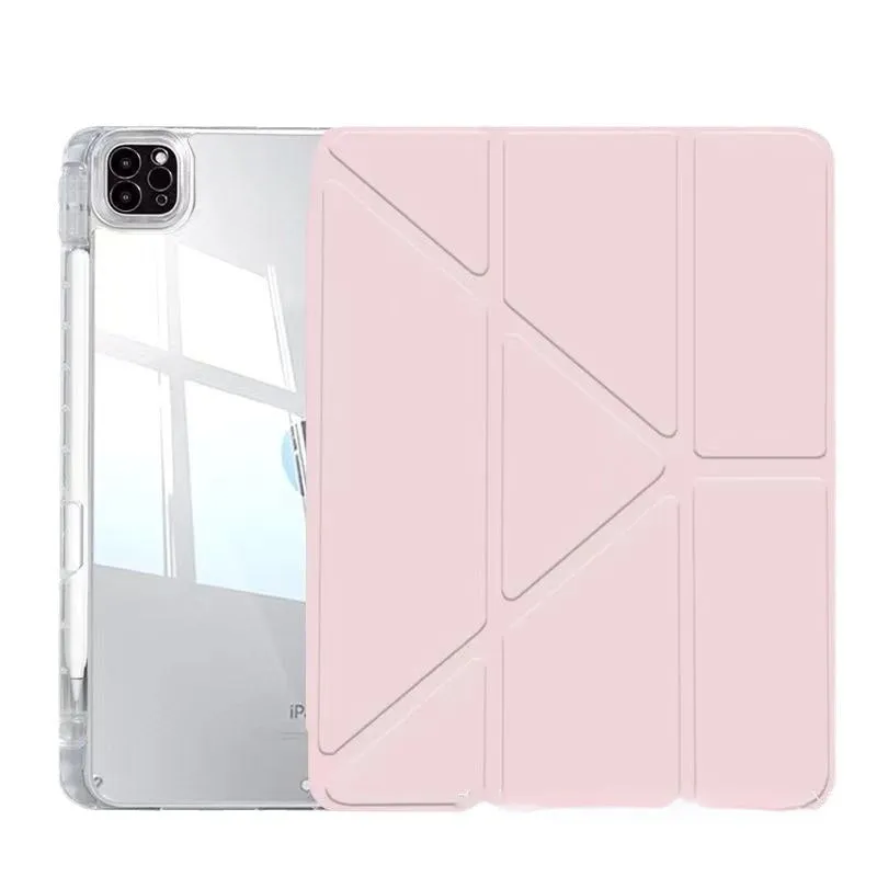 Clear acrylic iPad case with magnetic stand shown in light purple colour on a tablet.