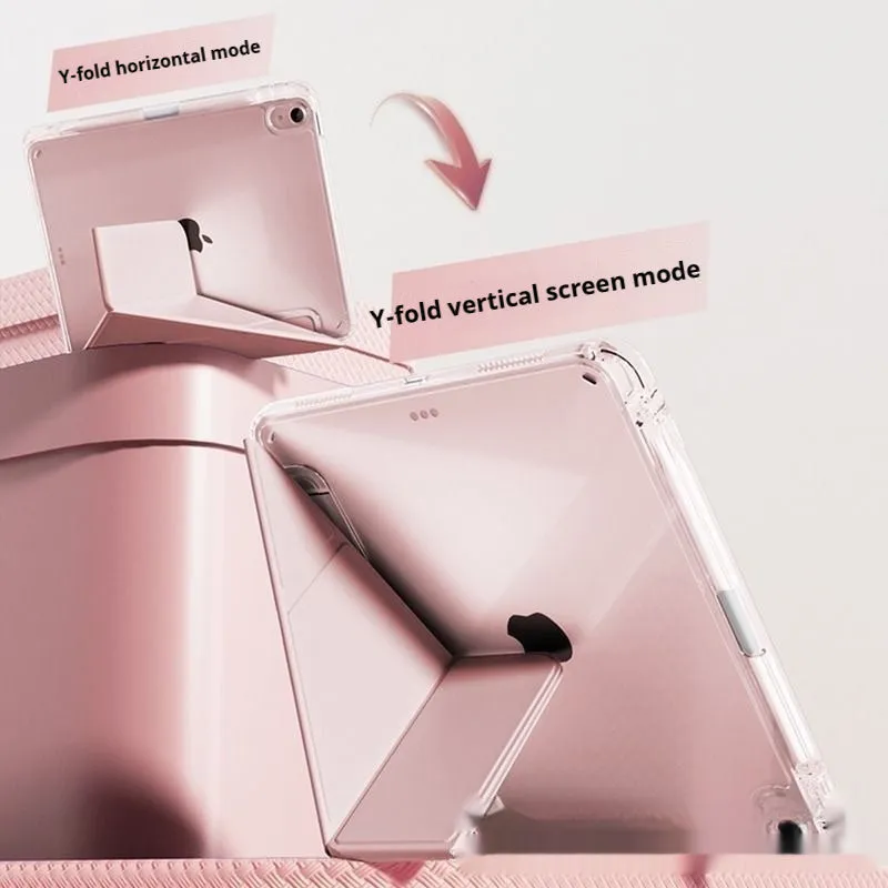 Clear acrylic iPad case with magnetic stand shown in light purple colour on a tablet.