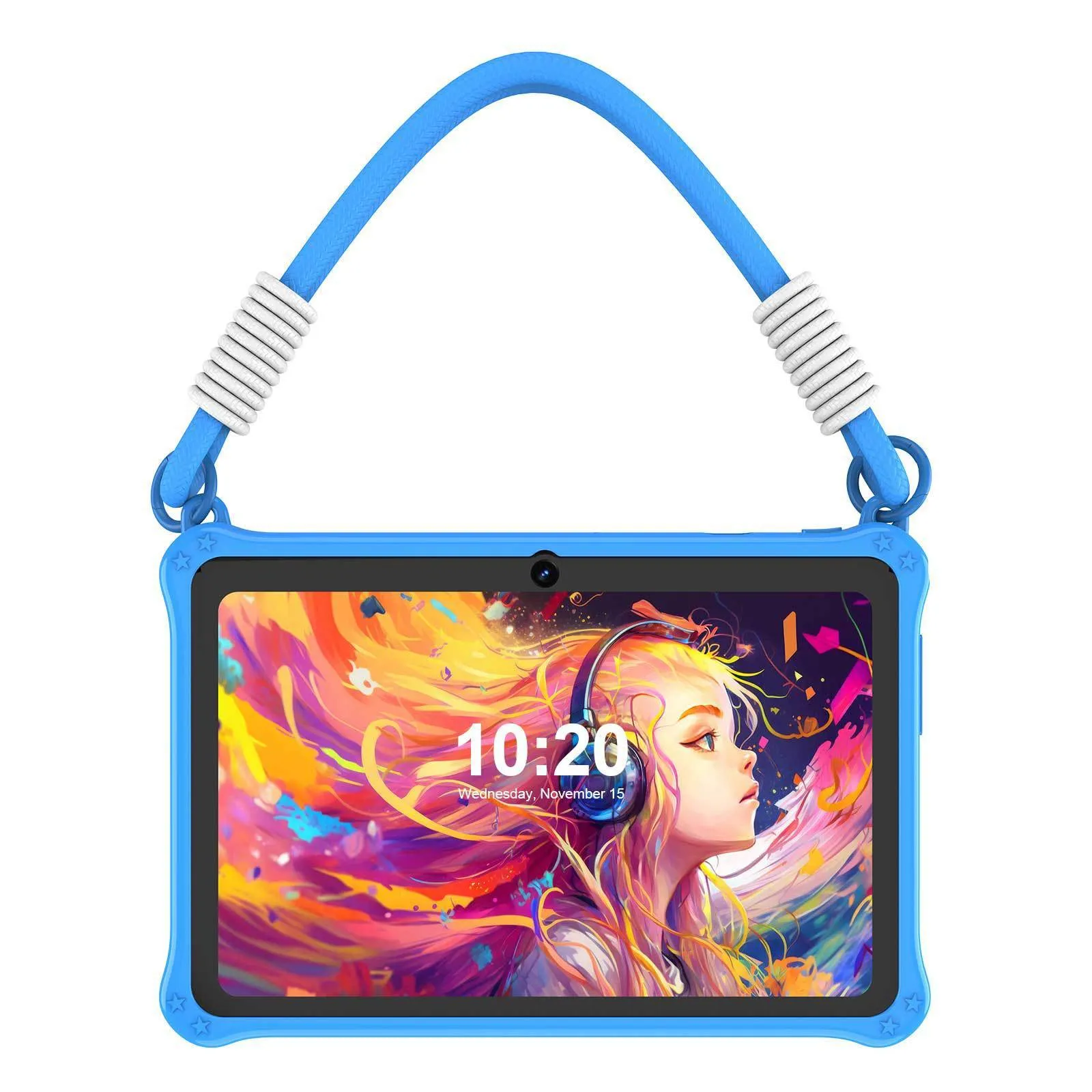 7-inch children's tablet silicone protective case with flat strap in sapphire blue and dark pink colours