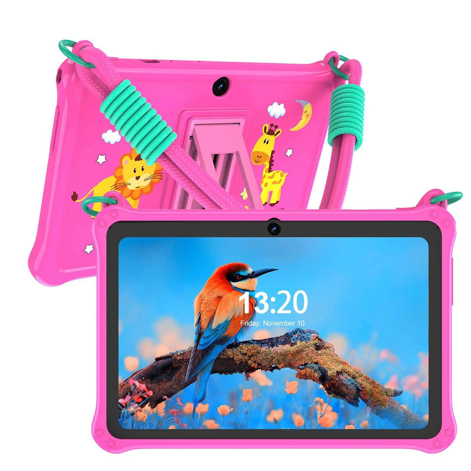 7-inch children's tablet silicone protective case with flat strap in sapphire blue and dark pink colours