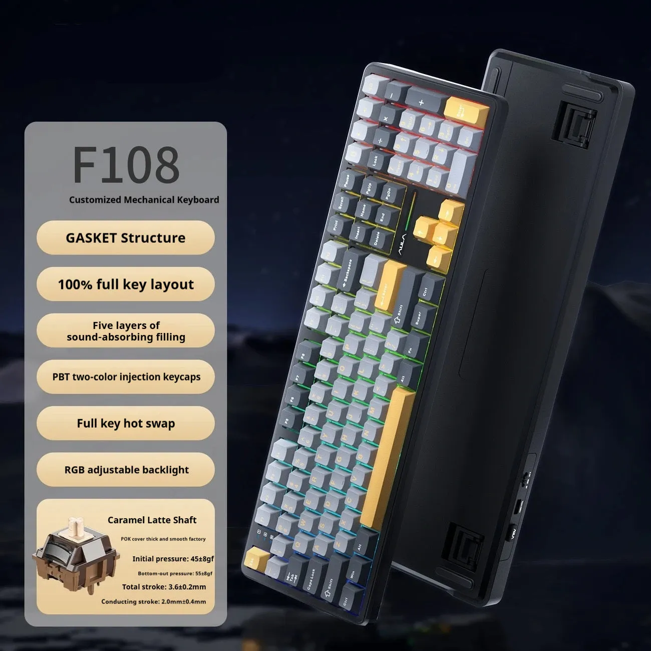 Tarantula F108Pro wireless mechanical keyboard in selected colour with USB cable and spare switches