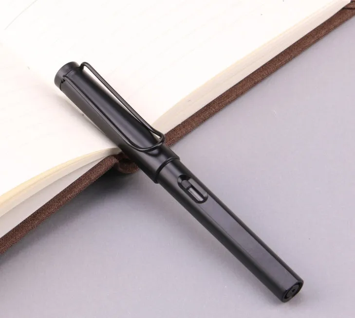 Black and blue frosted plastic fountain pen with 0.5mm and 0.38mm nib options shown.