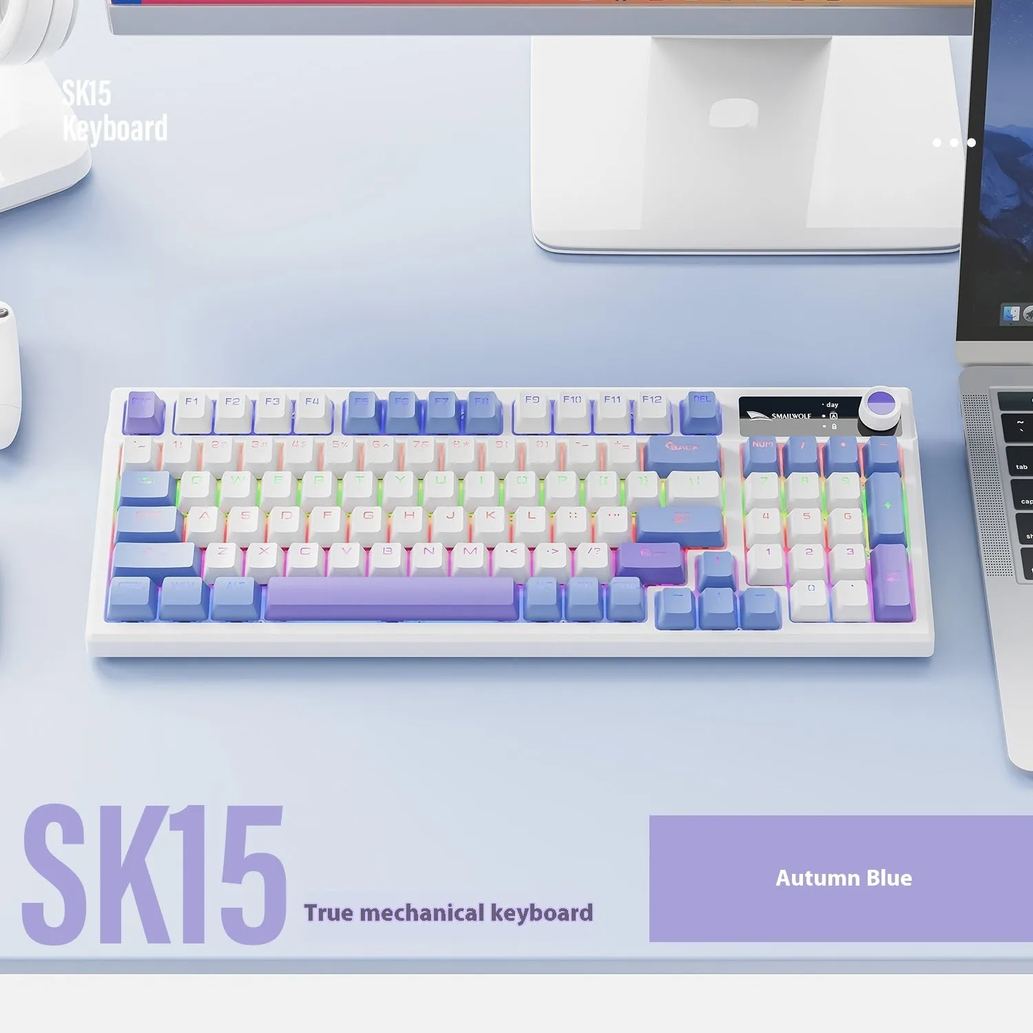SK15 wired mechanical keyboard with volume knob in Black, Sunset Orange, or Autumn Water Blue colours