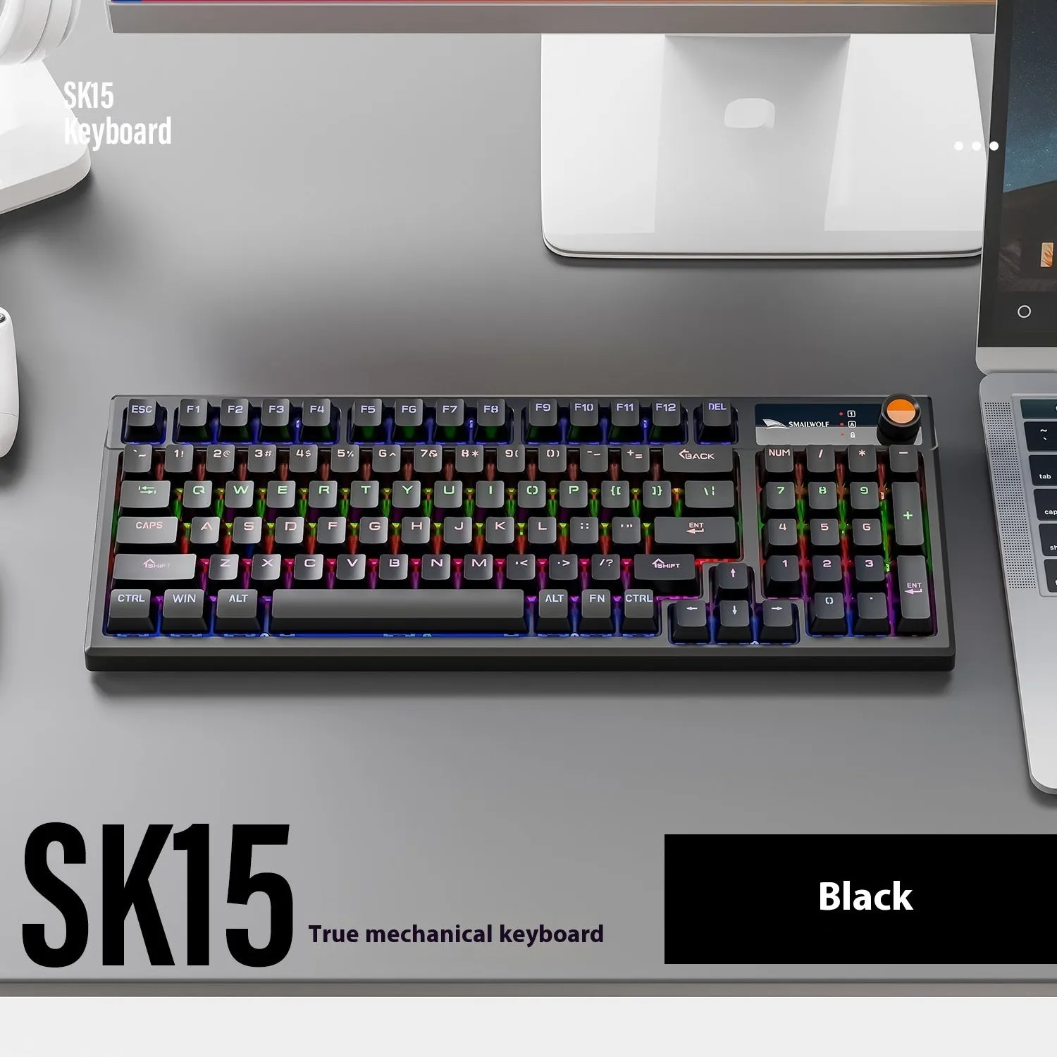 SK15 wired mechanical keyboard with volume knob in Black, Sunset Orange, or Autumn Water Blue colours