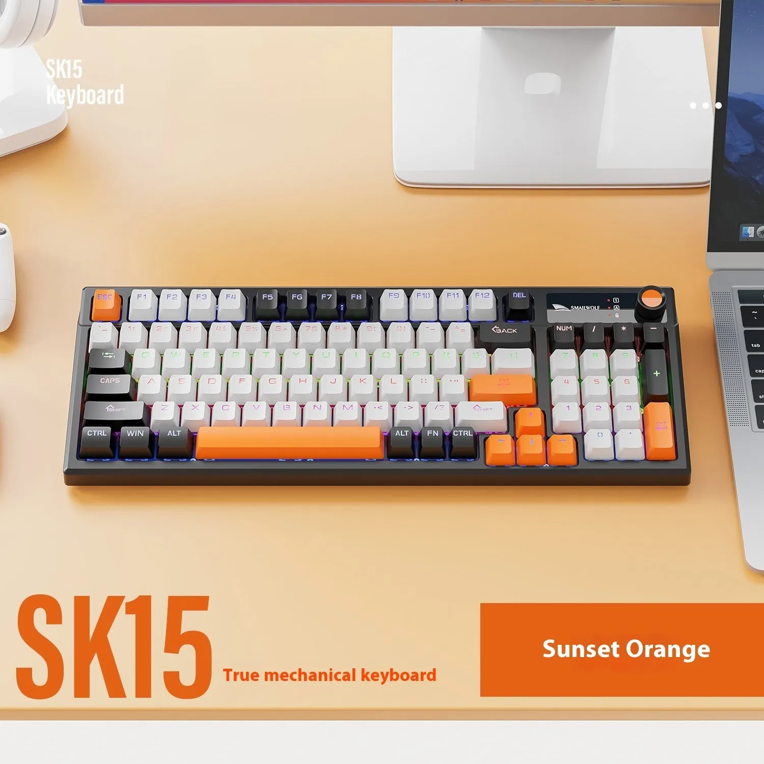 SK15 wired mechanical keyboard with volume knob in Black, Sunset Orange, or Autumn Water Blue colours