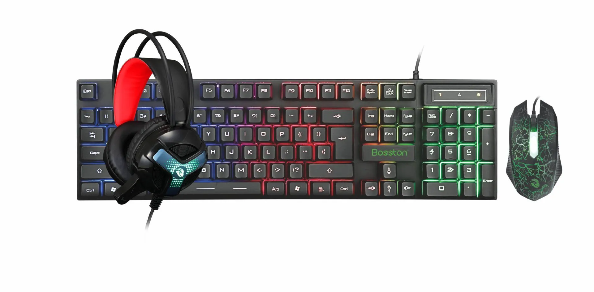 Thunder Wolf wired keyboard and mouse set with headset and mouse pad on desk