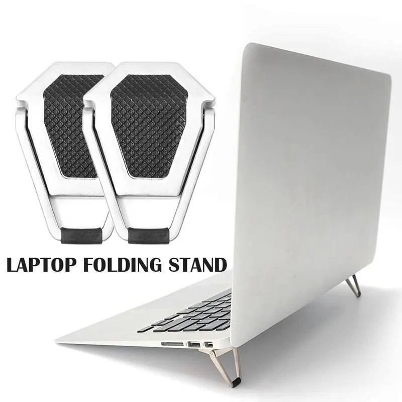 Silver foldable aluminium laptop bracket shown next to 3M adhesive glue on desktop