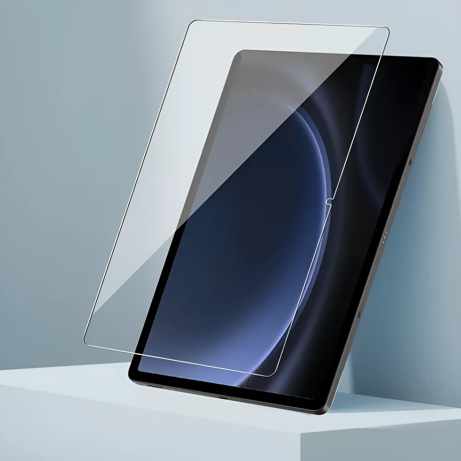 Two tempered glass screen protectors for Samsung tablets in a leather storage bag.