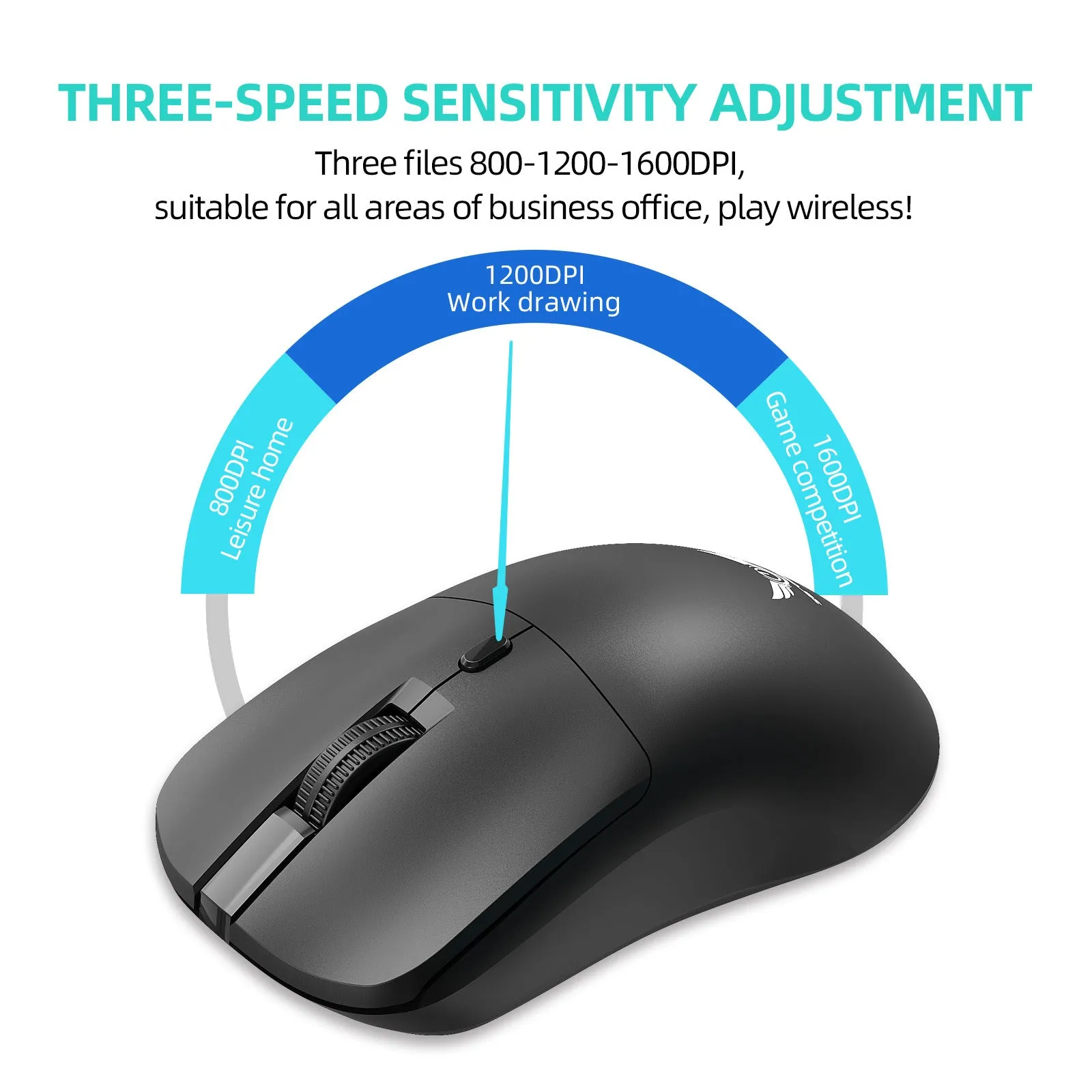 Black wireless computer mouse with three audio control buttons on side