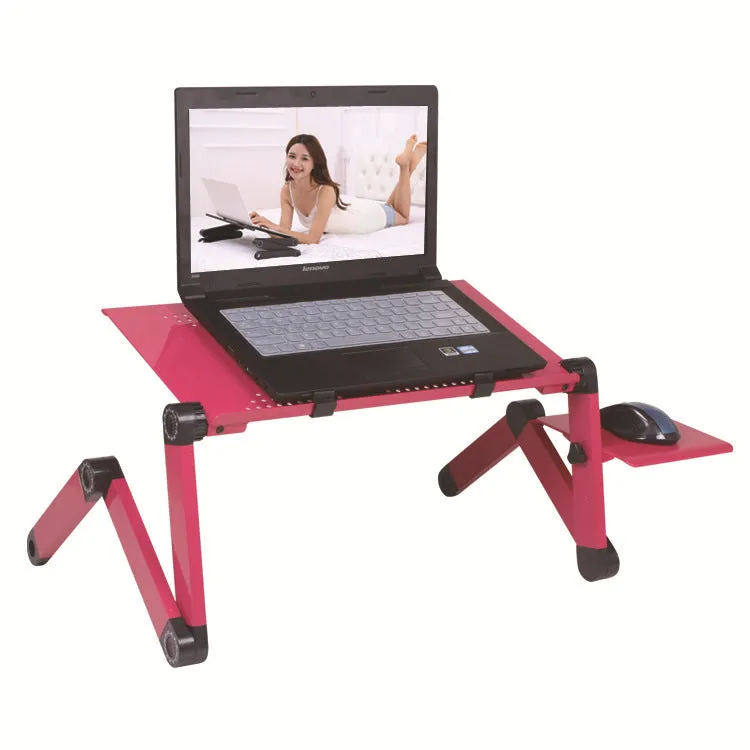 Red folding metal bed desk with cooling holes and a laptop placed on it.