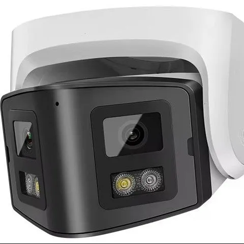 4MP dual-lens IP66 waterproof security camera with compact design for POE network installation.