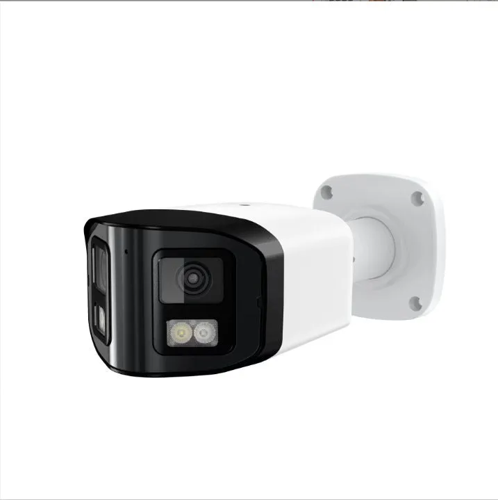 4MP dual-lens IP66 waterproof security camera with compact design for POE network installation.