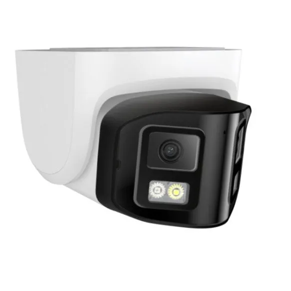 4MP dual-lens IP66 waterproof security camera with compact design for POE network installation.