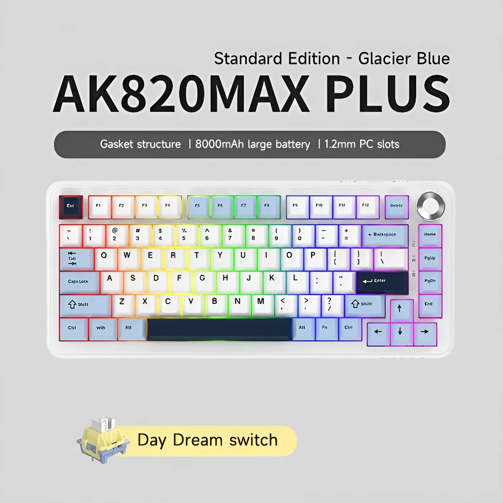 Black, grey and yellow wireless mechanical keyboard with hot-swap sockets and three connection modes