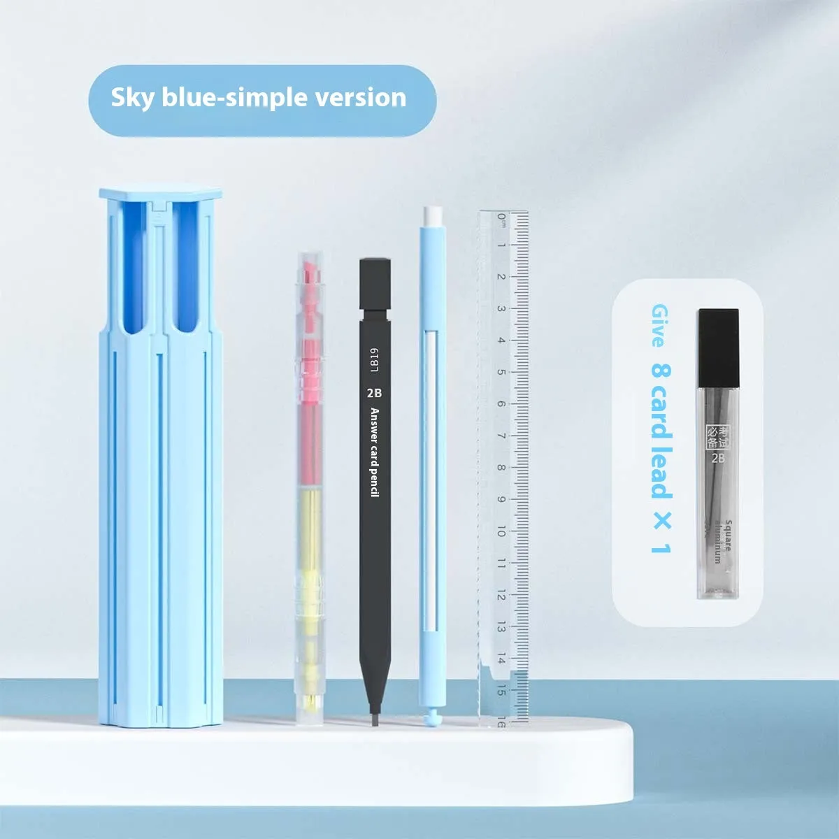 Plastic six pen pressing pencil case kit in white, blue or pink colour options