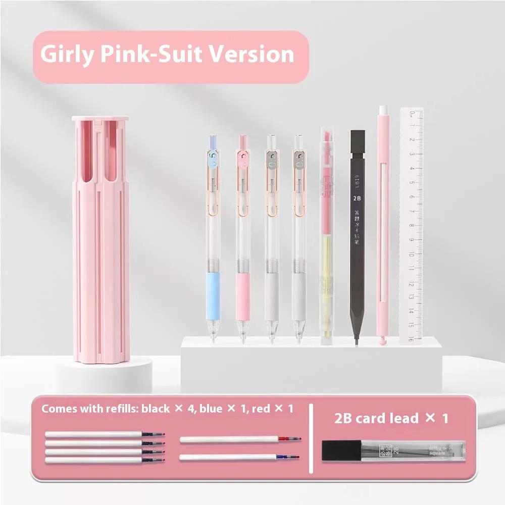 Plastic six pen pressing pencil case kit in white, blue or pink colour options