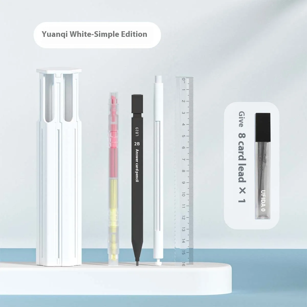 Plastic six pen pressing pencil case kit in white, blue or pink colour options
