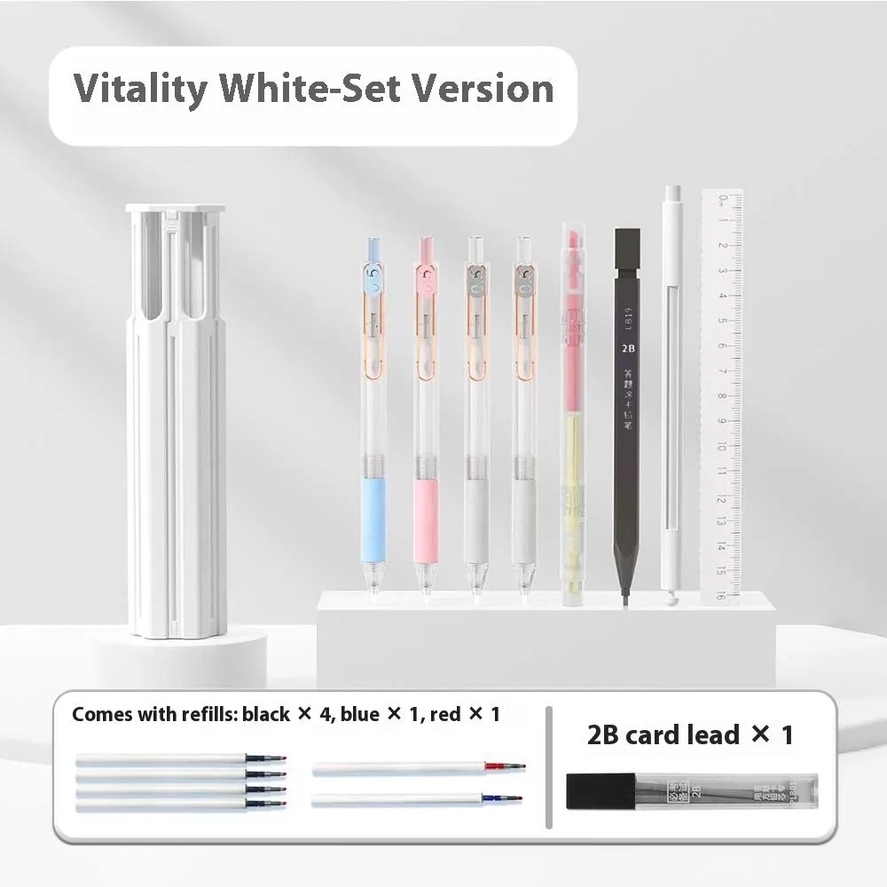 Plastic six pen pressing pencil case kit in white, blue or pink colour options