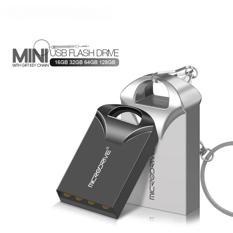 Compact black and silver metal USB flash drive on a white background, showing mini size.