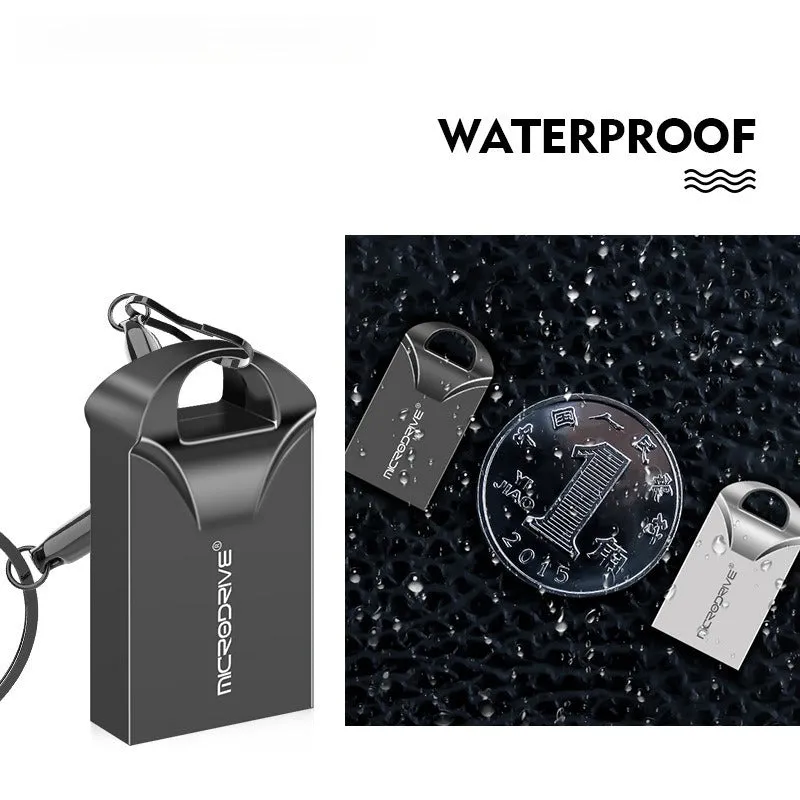 Compact black and silver metal USB flash drive on a white background, showing mini size.