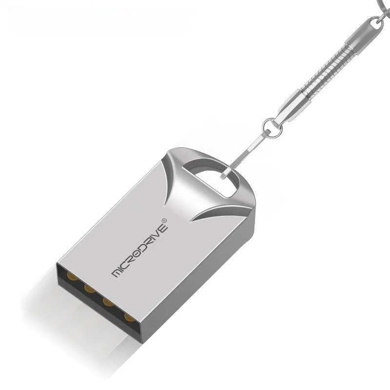 Compact black and silver metal USB flash drive on a white background, showing mini size.