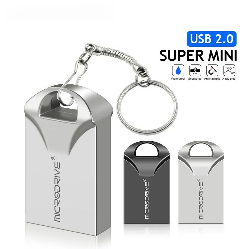 Compact black and silver metal USB flash drive on a white background, showing mini size.