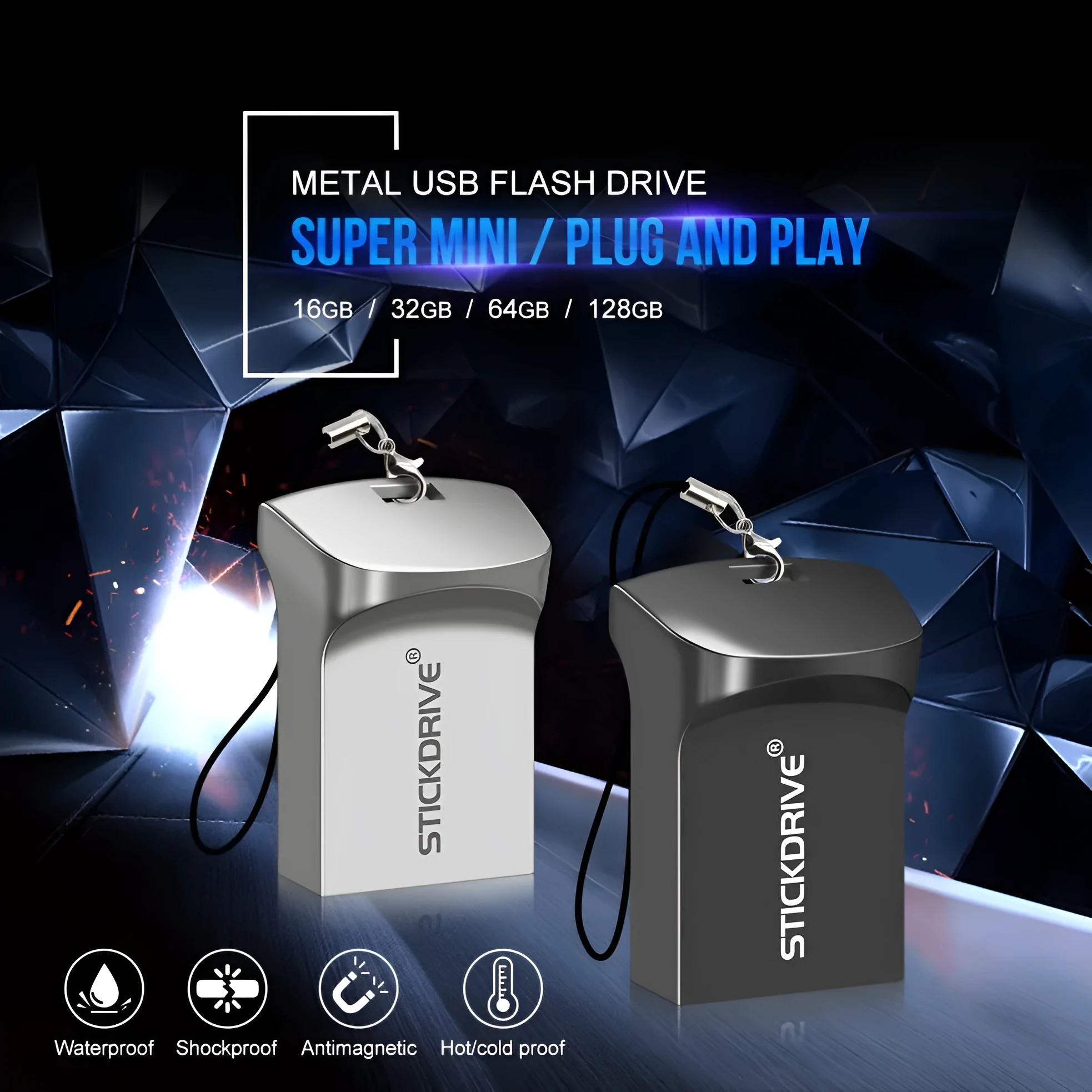 Metal car-shaped USB flash drive on a necklace chain, shown in black and silver colour options.