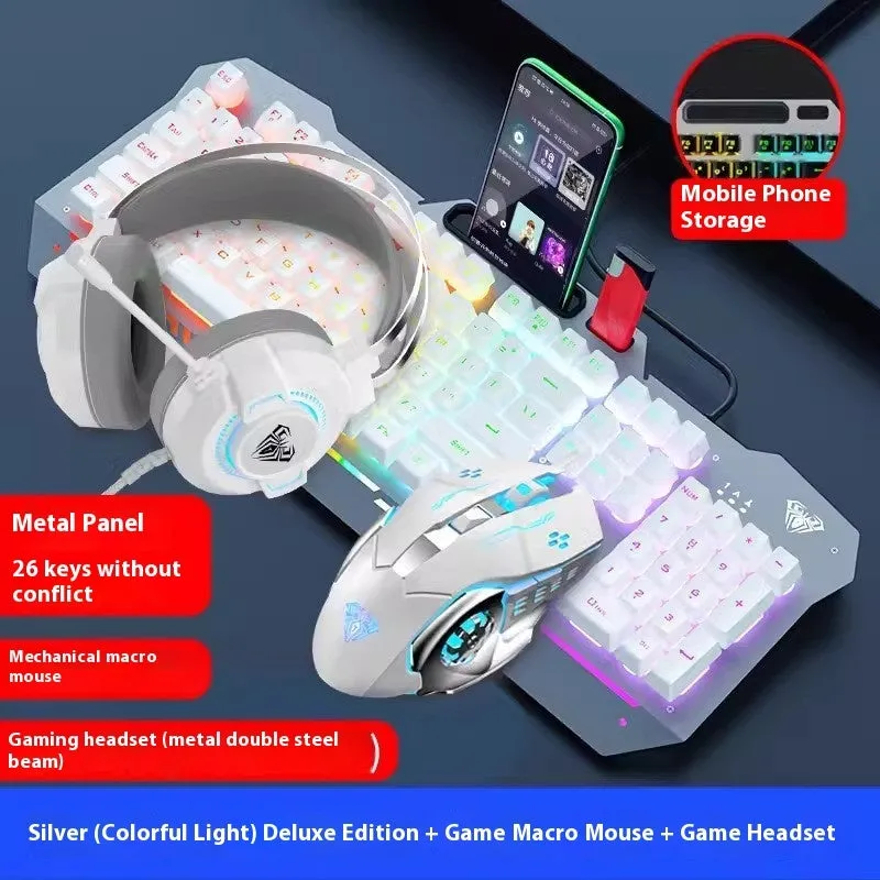Mechanical keyboard mouse headset bundle with metal construction and LED lighting