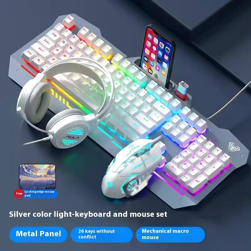 Mechanical keyboard mouse headset bundle with metal construction and LED lighting