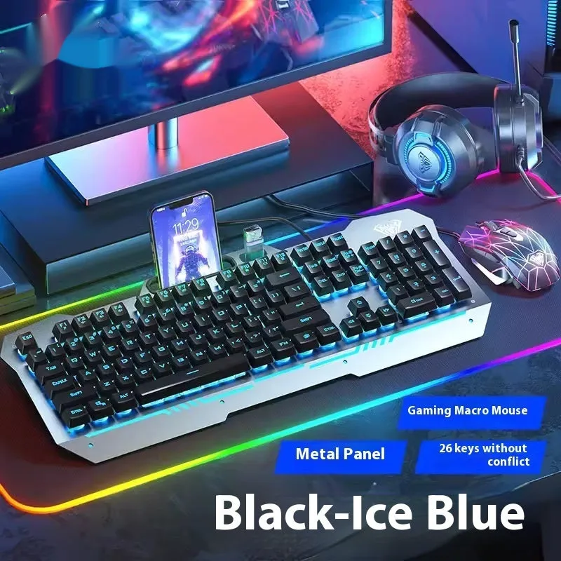 Mechanical keyboard mouse headset bundle with metal construction and LED lighting