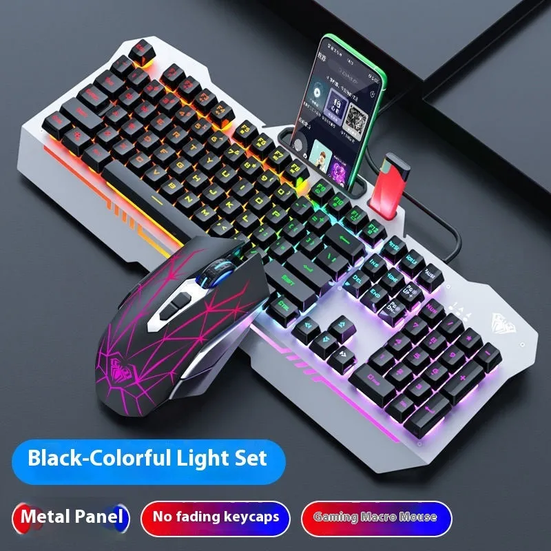 Mechanical keyboard mouse headset bundle with metal construction and LED lighting