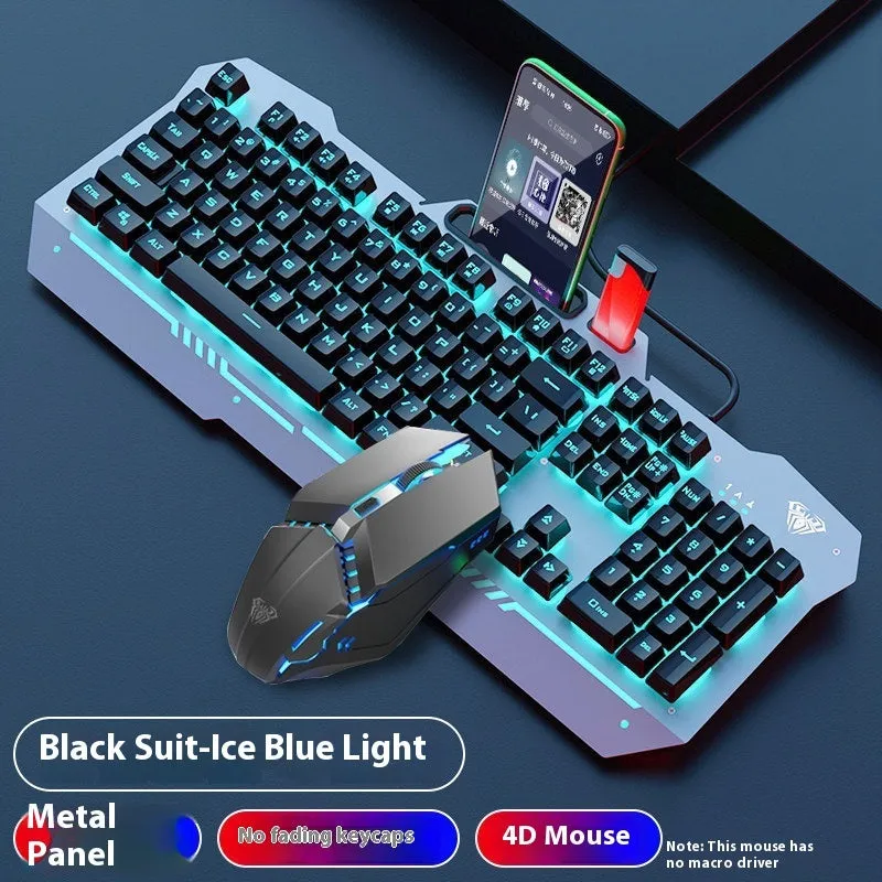 Mechanical keyboard mouse headset bundle with metal construction and LED lighting