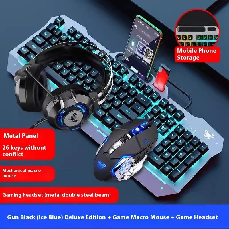 Mechanical keyboard mouse headset bundle with metal construction and LED lighting